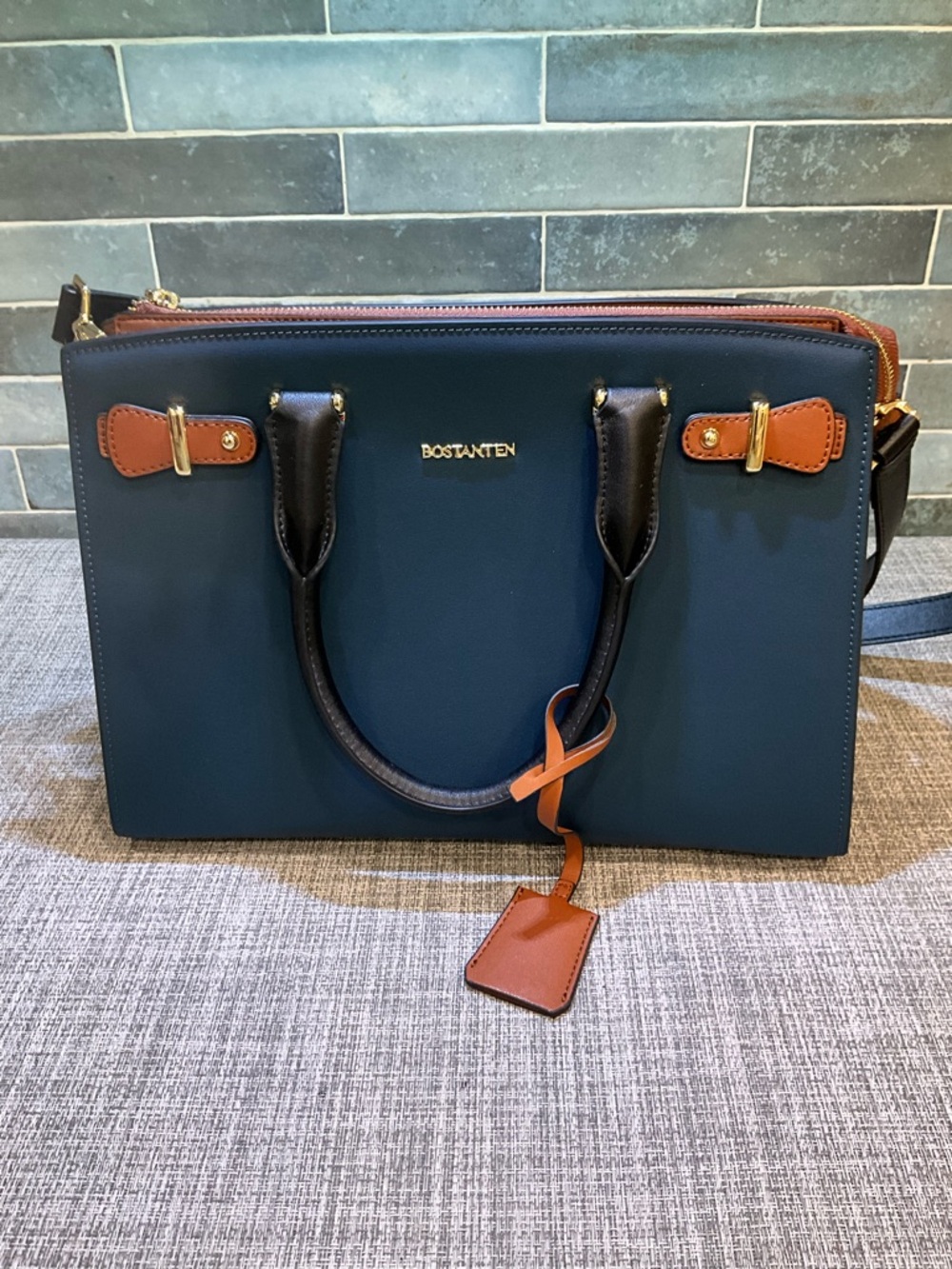 BOSTANTEN Navy and Brown Leather Satchel - Picture 2 of 14
